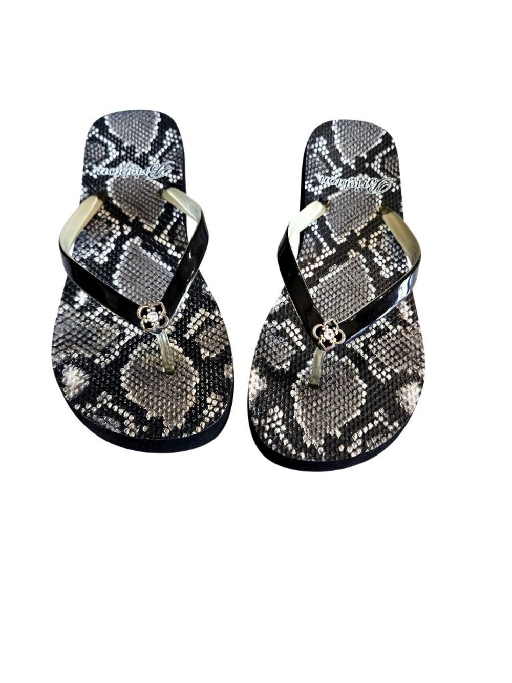 Brighton Viper Snake Print Crystal Rhinestone Flower Accent Flip Flop Size 9